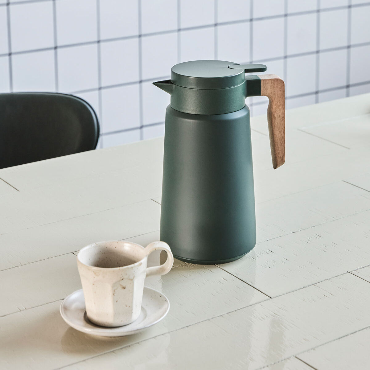 Thermos de table 1,8 L vert avec poignée en bois